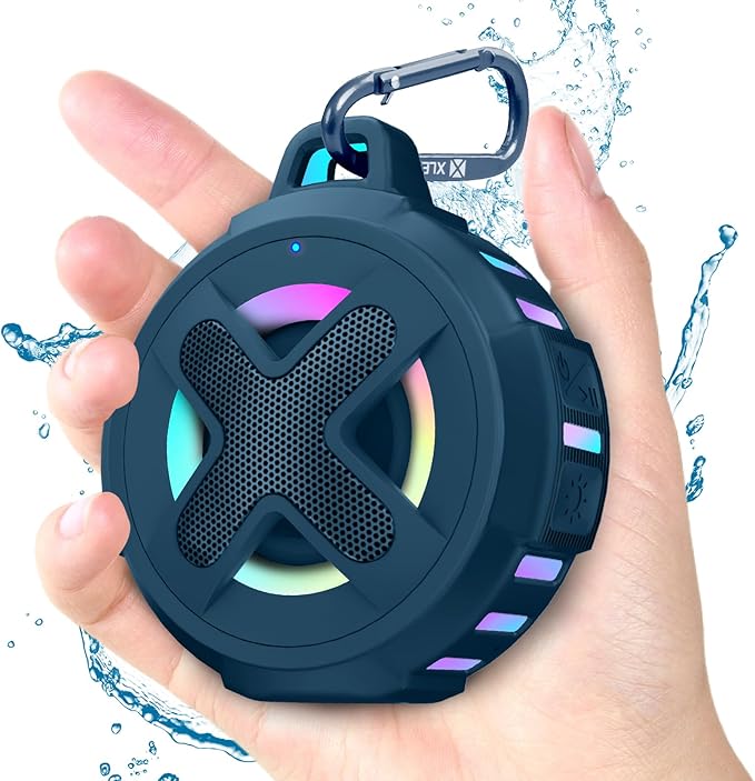 XLEADER X8, Upgraded, Portable Bluetooth Speaker, Certified IP67 Waterproof Shower Speaker, Silicone Case, 10W Bass, 24Hrs Playtime, Small, Floating, RGB Lights, Clip, for Pool Beach Kayak, Sea Blue