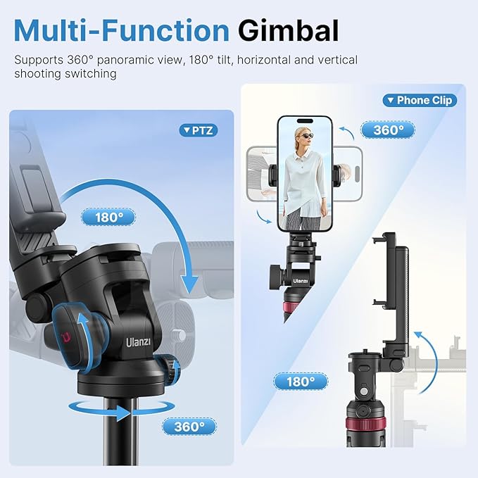 ULANZI MT-78 Extendable Phone Tripod, metal 72.83" Selfie Stick Camera Tripod Stand with 2 in 1 Phone Clip, 360° Ball Head Camera Tripod with cold shoe for iPhone 17 Sony Canon, Lightweight for Travel