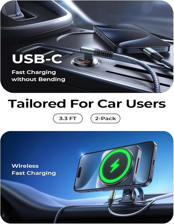 AINOPE Right Angle USB C to USB C Cable 17 3.3FT 60W 2 Pack USBC to USBC for iPhone 16 Pro Max Car Charger Cord Fast Charging Compatible with iPhone 16 15 Samsung A17 iPad Pro Android Phone Accesories