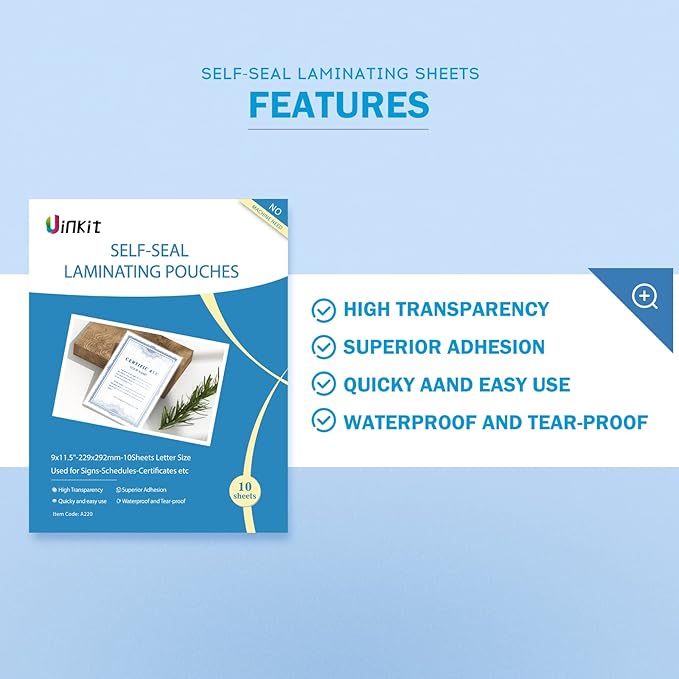 Uinkit Self Sealing Laminating Pouches, Waterproof Lamination Sheets for Document Permanent Adhesive 9x11.5inches 10Pack 10mil Thick Gloss Finish No Need Machine (9x11.5Inchesx10Pack)