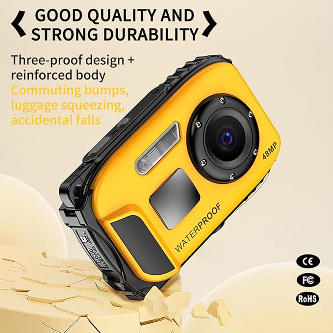 Underwater Camera with 64GB Card,48MP HD Bare-Body 11FT Waterproof Camera for Snorkeling Compact Floatable Digital Camera 2 Batteries and Tripod Come Together (Yellow)