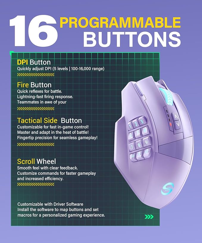UtechSmart Venus Pro Wireless MMO Gaming Mouse, 16,000 DPI Optical Sensor, Wired/Wireless Dual Modes, 16M Chroma RGB Lighting, 16 Programmable Buttons, Ergonomic Design, Up to 70H, Purple