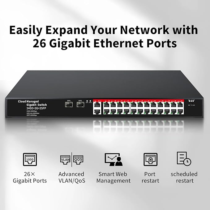 STEAMEMO 26-Port Gigabit Ethernet Switch | Smart Managed with 2 SFP Slots | QoS & VLAN Support | Rackmount/Desktop Metal Network Switch | Plug & Play Setup(Includes Power Adapter)