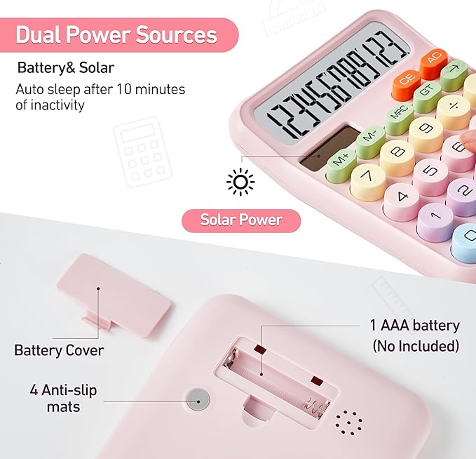 Basic Desktop Calculator with 12-Digit Large LCD Display & Big Buttons – Dual Power (Solar & Battery), Easy to Press Mechanical Switch Calculator – Cute Office Desk Supplies for Home and School (Pink)