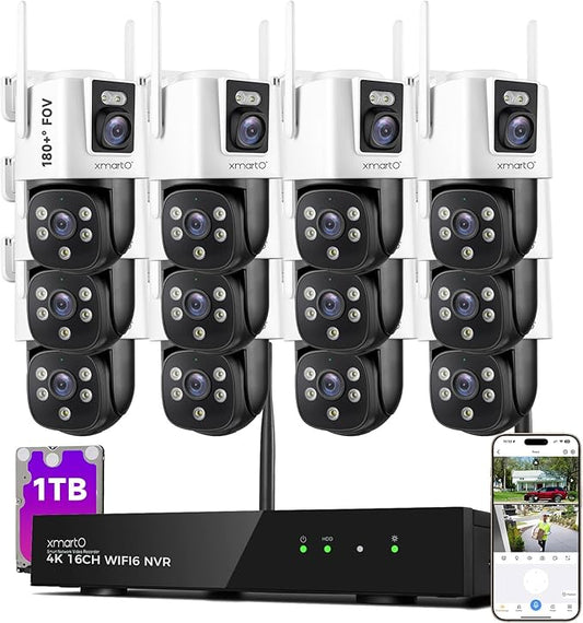 [2-in-1 CAM] XMARTO 16CH Security Camera System Outdoor Wireless, 12pcs 2-in-1 Cameras, 16CH 4K Long Range WiFi 6 Surveillance DVR NVR Kit, Pan Tilt Zoom 4MP QHD Home CCTV Camera Set w. 1TB Hard Disk