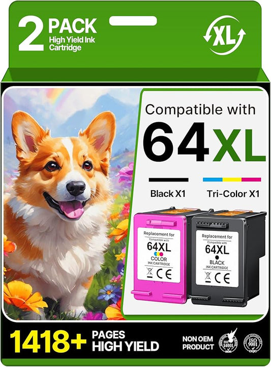 64XL Ink Cartridges Combo Pack Replacement for HP Ink 64 64XL Works for Envy Photo 7855 7858 7155 7120 6222 6252 6255 6258 7158 7164 7864 Works for HP Tango/Tango X Printer (1 Black, 1 Tri-Color)