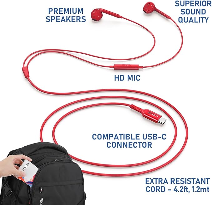 LUDOS Zenith USB C Headphones for iPhone 17 16 15 Pro Max Plus Air iPad Pro Air, 2 Years Warranty, USB-C Earbuds for Samsung Galaxy S24 S23 Ultra S22 S21 S20 A55 A54 A53, USB Type C Earphones - Red