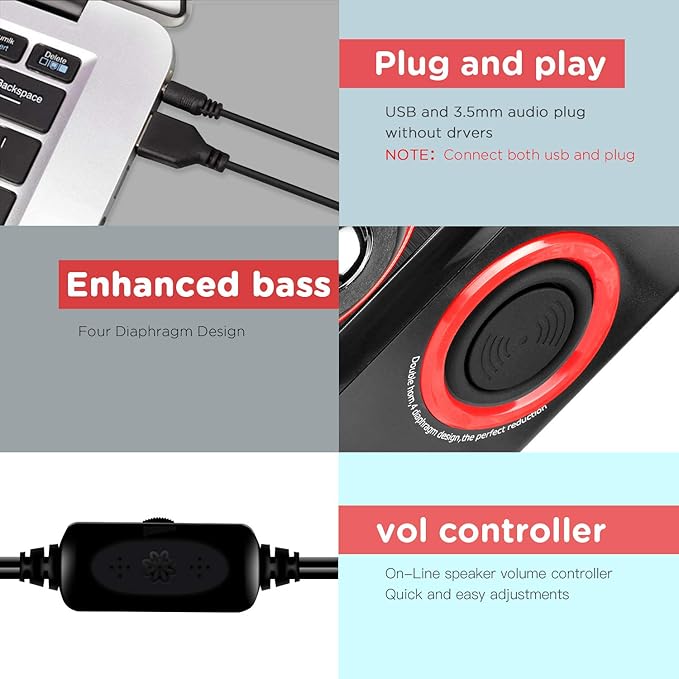 Computer Speakers, 2.0 CH PC Speakers with Surround Sound, USB Wired Laptop Speakers with Deep Bass for Desktop Computer/PC/Laptops/Smart Phone Build-in 4 Loudspeaker Diaphragm Reccazr SP2040|RED