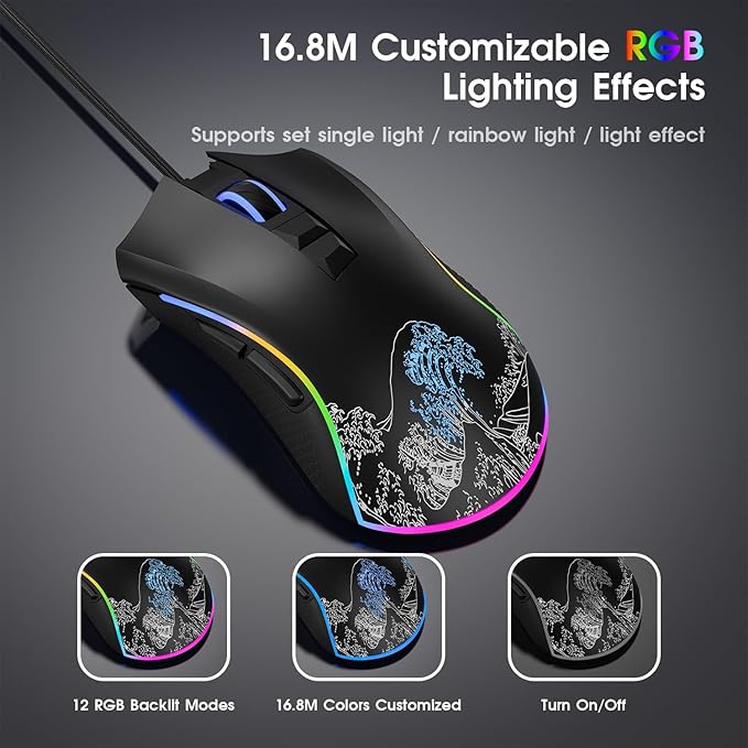 XVX Wired Gaming Mouse, 12000 DPI RGB Mouse with 12 Backlit Modes & 7 Macro Buttons, Gaming Mice Support DIY Keybinding, Gamer Computer Mice for Laptop PC Mac Windows, Wave