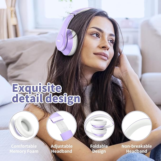 Uliptz Wireless Bluetooth Headphones, 65H Playtime, 6EQ Sound Modes, HiFi Stereo Over Ear Headphones with Microphone, Foldable Bluetooth 5.3 Headphone for Travel/Office/Cellphone/PC (Purple)