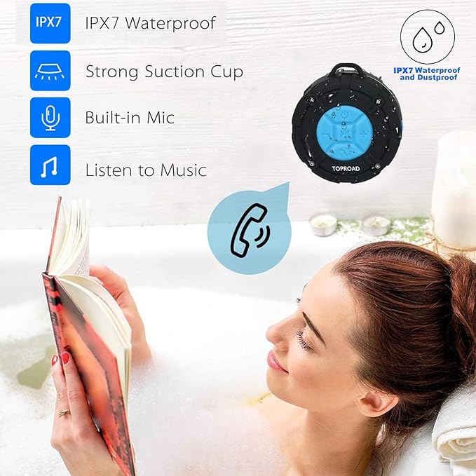Portable Shower Speaker, IPX7 Waterproof Wireless Outdoor Speaker with HD Sound, 2 Suction Cups, Built-in Mic, Hands-Free Speakerphone for Bathroom, Pool, Beach, Hiking, Bicycle