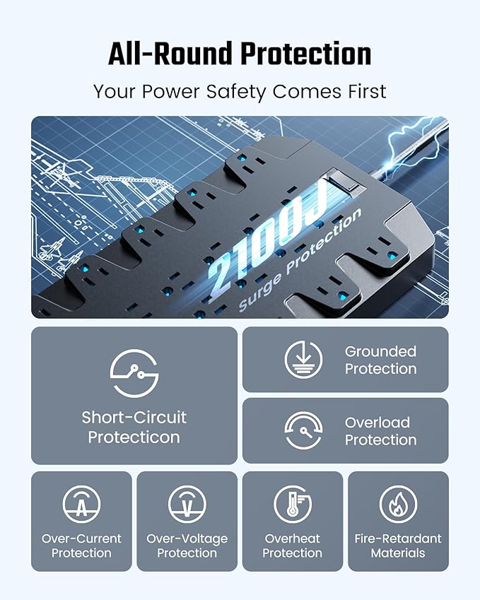 SUPERDANNY Power Strip Surge Protector with 10ft Extension Cord - 22 Outlets, 6 USB Ports, 45W Fast Charging - 1875W/15A, 2100J, 45°Plug, Mountable - Ideal for Home, Office, Gaming, PC, Streaming