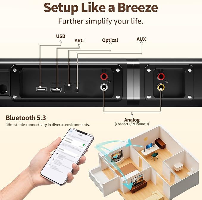 2.2 CH Soundbar for Smart TV, 2-in-1 Detachable Sound Bar for TV, Surround Sound System, Bluetooth 5.3/HDMI-ARC/Optical/AUX Connections