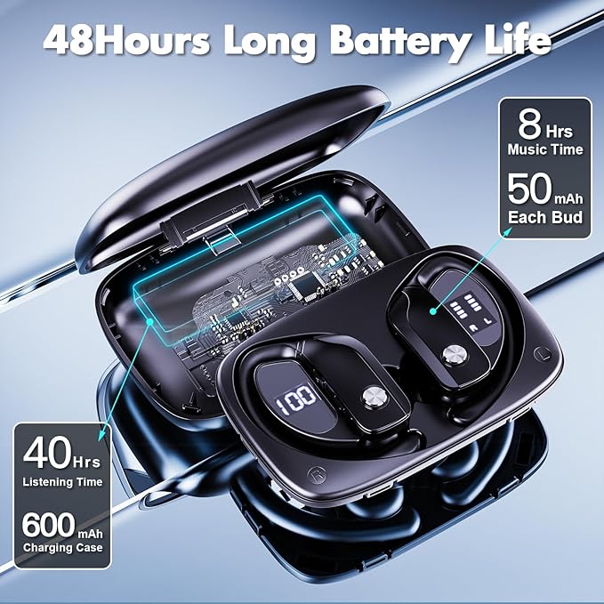 Wireless Earbuds Bluetooth Headphones 48Hrs Play Back Sports Earphones with LED Display Built in Mic Deep Bass Stereo in Ear Waterproof Headset for Workout Gaming Running