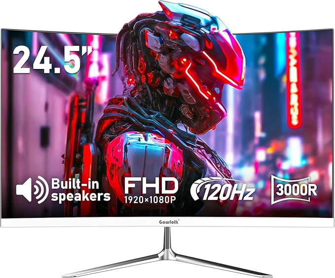 24.5 Inch Gaming Curved Monitor Built-in Speakers, 3000R 120Hz White PC Screen Full HD 1080P, HDMI 2.0, VGA, Wall Mount Compatible 75 * 75mm