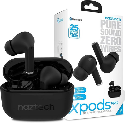 Naztech Xpods PRO Ear Buds - (Black) True Wireless Earbuds Noise Cancelling Earbuds Wireless Bluetooth Earphone for Gym Sound Cancelling in Ear Headphones Fitness Earphones Includes Charging Case