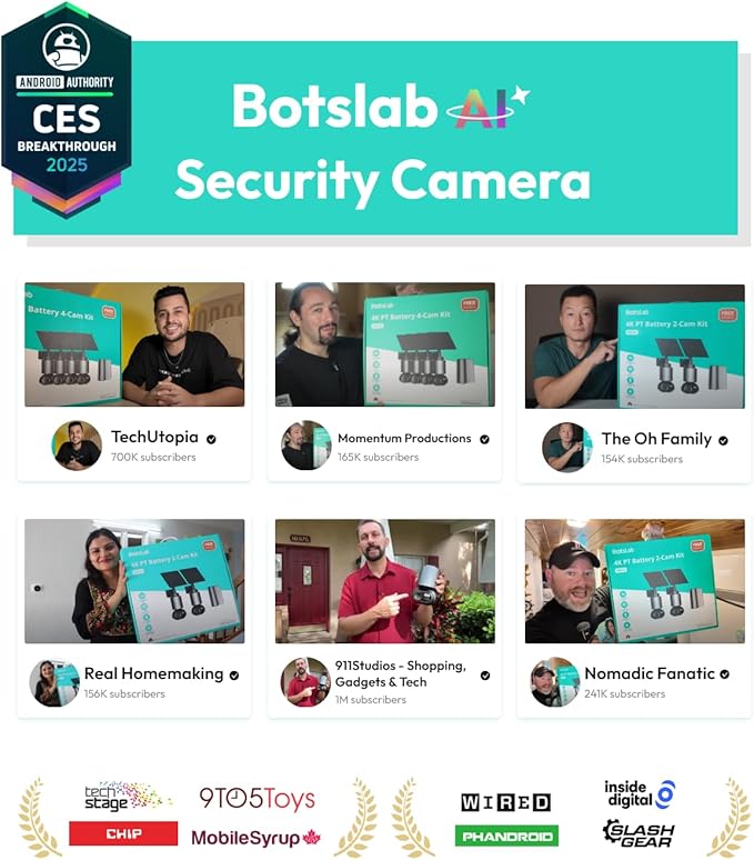 BOTSLAB Security Cameras Wireless Outdoor, 4 Cam-Kit with HomeBase, 4K Color Night Vision, Solar Security Camera System with 360° Pan&Tilt, No Monthly Fee, 32GB Local Storage Up to 16TB,AI Recognition