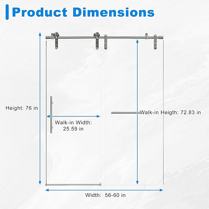 56-60" W x 76" H Frameless Shower Door Bathroom Sliding Shower Door 5/16"(8mm) Thick Tempered Glass Shower Door with Double Stainless Steel Handles for Walk-in Shower, Brushed Silver