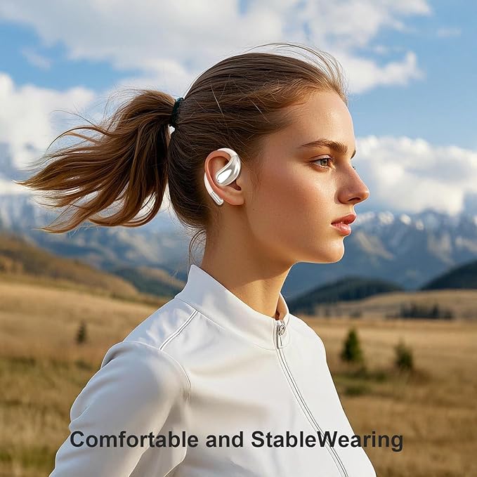 Open Ear Clip Wireless Earbuds Bone Conduction Headphones, Bluetooth 5.4,Open Ear Design,Built-in Mic, IPX5 Waterproof,LED Display Charging Case,Ear Hooks Ear Buds Design for Running Fitness ,Khaki﻿ ﻿