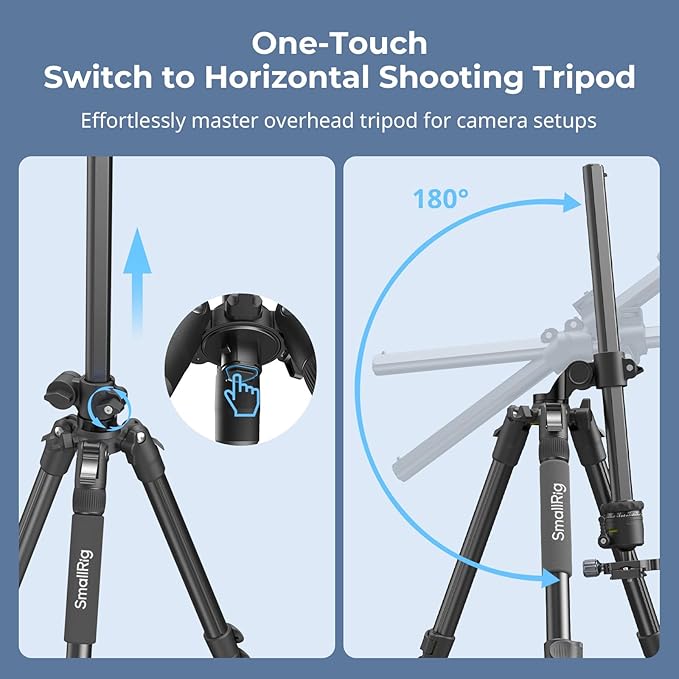 SmallRig CT25 64.5"/164cm Horizontal Overhead Tripod for iPhone & Camera, with Phone Holder & Carrying Bag, 22lb Max Load Aluminum Lightweight Camera Tripod for Overhead Shots/Live Streaming