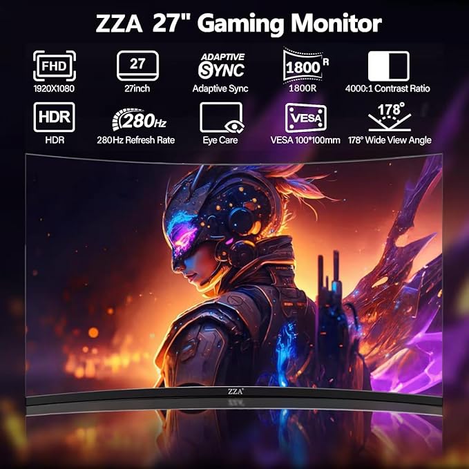ZZA 27 Inch Gaming Monitor 280Hz 240Hz 1080p 1ms VRB Blue Light Shift Machine Black Curved 100% sRGB, Adaptive FreeSync,Display Port DP HDMI VESA Mounting Compliant