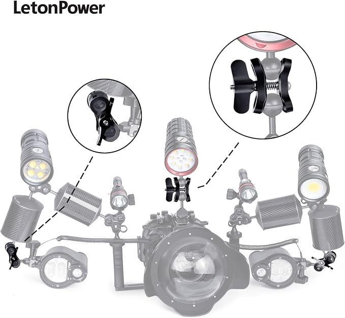 2-Hole 1" Aluminum Underwater Camera Clamp Ball Mount (2-Pack) - Underwater Bracket for Diving Light Arms & Camera Trays, Saltwater-Resistant Adapter for Scuba Photography/Videography Gear