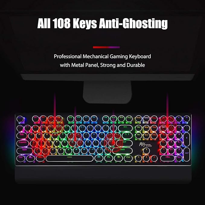 RK ROYAL KLUDGE S108 Typewriter Keyboard, Retro Mechanical Gaming Keyboard Wired 108 Keys with RGB Backlit Sidelight, Detachable Wrist Rest, Round Keycaps Blue Switches - Black