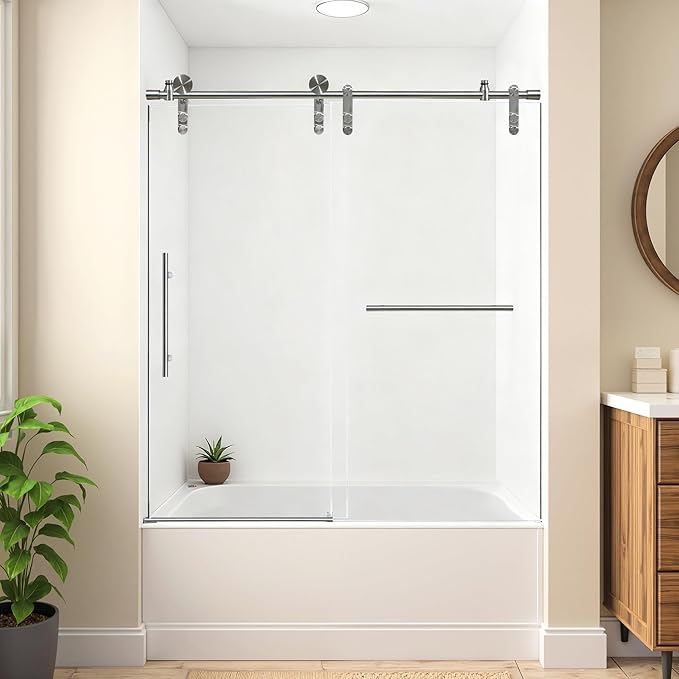 56-60" W x 66" H Tub Shower Door Bathroom Sliding Shower Door 5/16"(8mm) Thick Tempered Glass Shower Door with Double Stainless Steel Handles for Bathtub, Brushed Silver