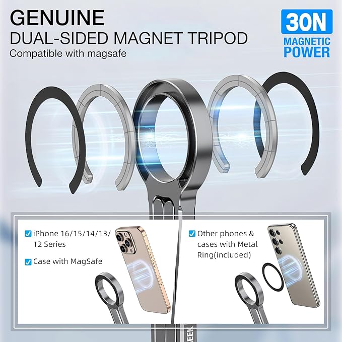 Magnetic Phone Tripod Stand Compatible with iPhone 16 15 14 13 12 Magsafe - Aluminium Smartphone Mini Tripod Pocket Cell Phone Stand Dual-Sided Magnet Quick Mount