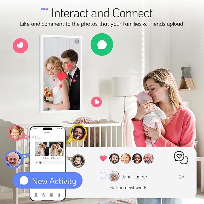 NexFoto 27 Inch Touchscreen Digital Picture Frame, FHD WiFi Photo Frame Electronic, 64GB Digital Frame, Add Photos from Google Photos, Upload Videos, Gifts for Wedding, Housewarming, White