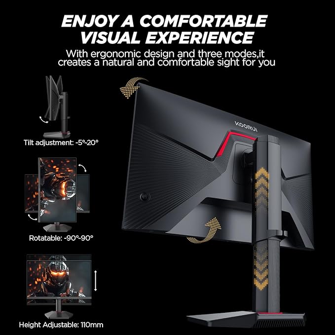 KOORUI 24.5 Inch Gaming Monitor, 1ms, 320Hz Monitor, HDR400, 95% DCI-P3, IPS Display, Adaptive Sync Compatible, Tilt Vertical Height Adjustable, VESA Mount 75x75mm, HDMI & DisplayPor,G2511E