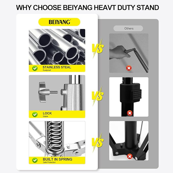 BEIYANG 6.5Ft Stainless Steel Photography Light Stand, Heavy Duty Spring Cushioned Tripod Stand with 1/4" to 3/8" Screw Adapter for Strobe Lights, LED Video Lights, Ring Lights, Monolights, Softboxes