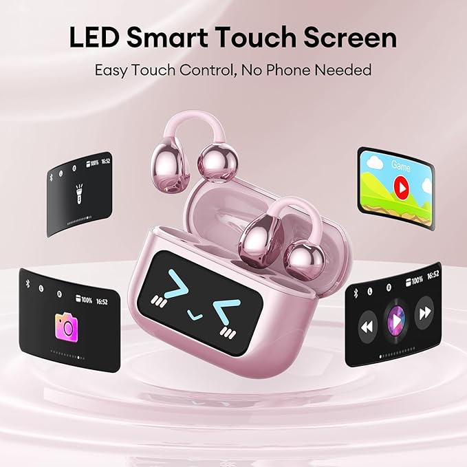 PAXA Clip On Open Ear Earbuds Wireless Bluetooth 5.4, Clip On Earbuds with LCD Touchscreen, Lightweight Comfort Open Ear Headphones for Sports, Fitness, and Workouts, Rose Gold M100