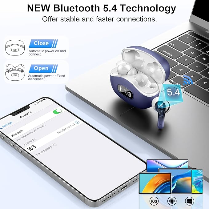 Wireless Earbuds, Bluetooth Headphones 5.4 HiFi Stereo, Ear Buds with 4 ENC Noise Cancelling Mics, 48H Bluetooth Earbuds with Dual LED Display, IP7 Waterproof in Ear Earphones for Android iOS, Blue