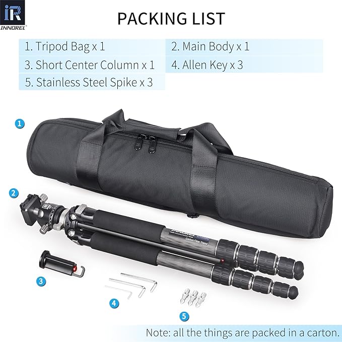 Carbon Fiber Tripod-INNOREL GT255C Professional Camera Compact Tripod Stand for Travel Outdoor Digital DSLR with Low Gravity Center Ballhead Special-Shaped Center Column Max Height 67.7in/172cm