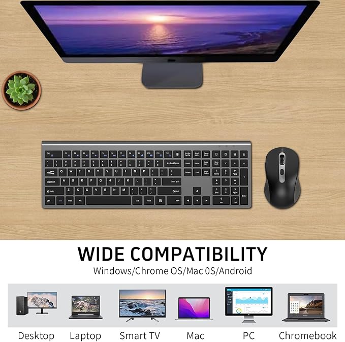 Wireless Mouse and Keyboard Combo, Full-Size Computer Keyboard with Calculator Button, 2400 Dpi Ergonomic Mouse, Ultra-Thin Cordless USB Keyboard and Mouse Set for Laptop Windows Mac - Black Gray
