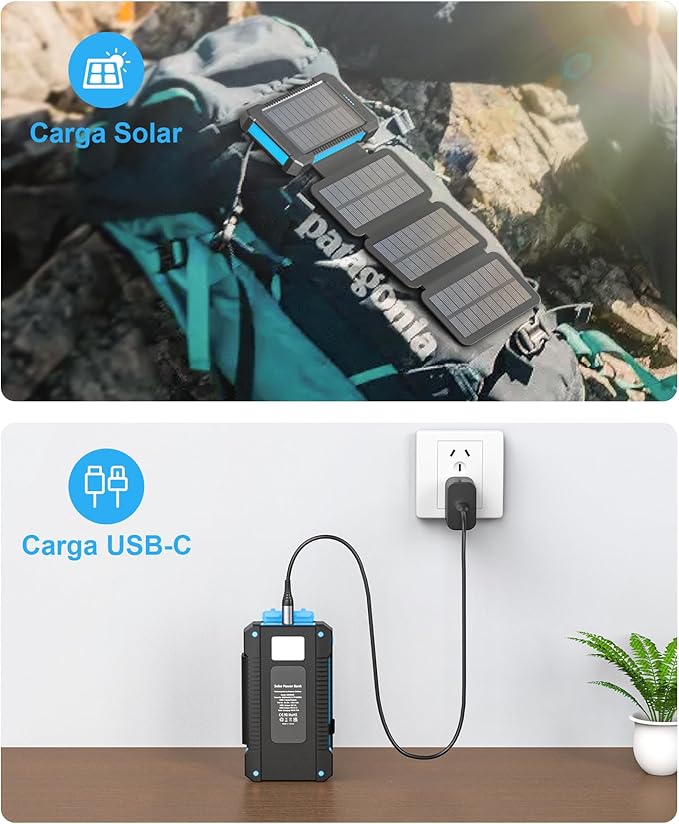 Solar Power Bank 38800mAh with 4 Solar Panels, Portable Charger USB C 18W Fast Charge for iPhone Samsung, IP67 Waterproof Outdoor External Battery Pack with Flashlight Light/SOS/Strobe