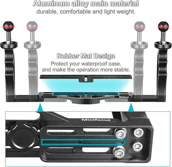 MINIFOCUS Underwater Camera Handle Tray Bracket, Dual Handle Extendable Aluminum Alloy Video Stabilizer Holder with 2 1'' Ball Clamp Mount for Underwater Camera Diving Housings
