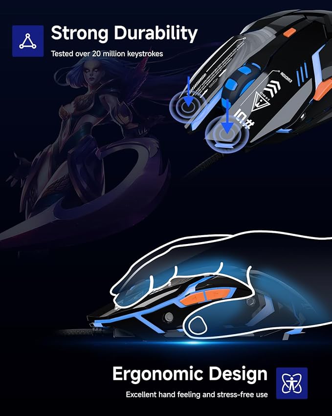 EWEADN G10 Wired Gaming Mouse, Computer Mouse with RGB Backlit, 3200 DPI Adjustable, Quiet Clicks, Ergonomic Mouses with 6 Buttons and 4.2FT Cord, USB Mouse for PC/Win/Laptop, Black