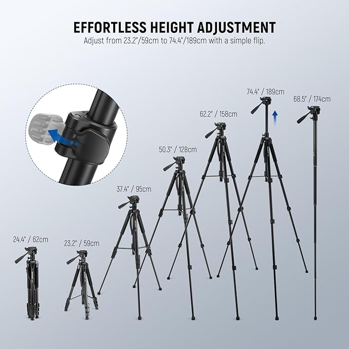 NEEWER Basics TP05 74" Video Tripod Monopod, 3 Way Pan Tilt Head Phone Holder Compatible with iPhone DSLR, Travel Recording Stand, Overhead Camera Mount, Crossbar, 17.6lb Load