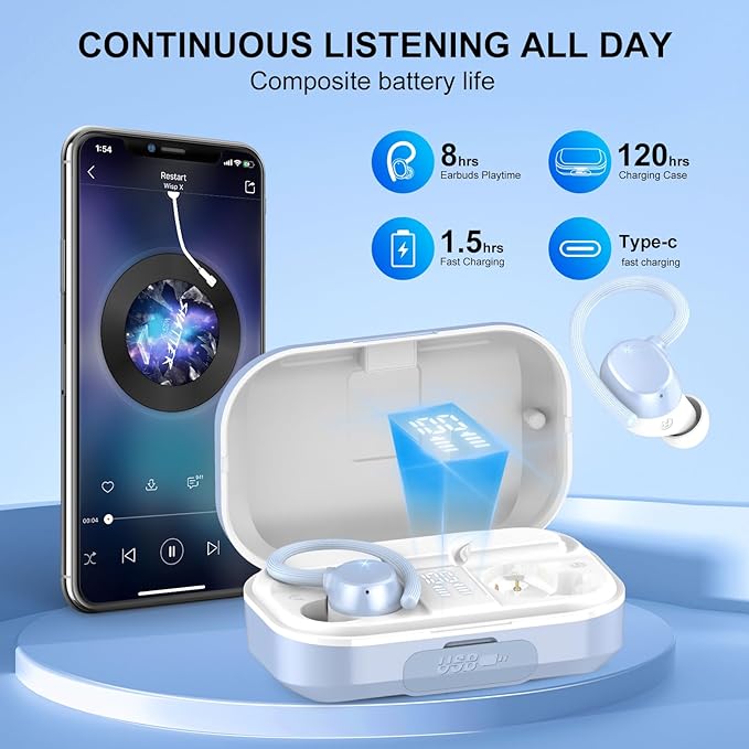 Wireless Earbuds Bluetooth Headphones 120hrs Playtime HiFi Stereo Wireless Headphones with Mic Deep Bass Earphones with Dual LED Display USB-C IP7 Waterproof Earbuds for Running Sports Blue