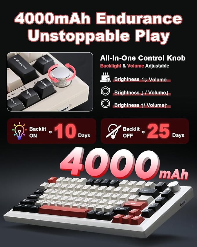 Y75 Wireless Mechanical Keyboard,75% Hot Swappable Custom Keyboard with Knob,RGB Backlit, PBT Keycaps,2.4GHz/USB-C/BT5.0 Mechanical Gaming Keyboards(White&Red,Milk Switch)
