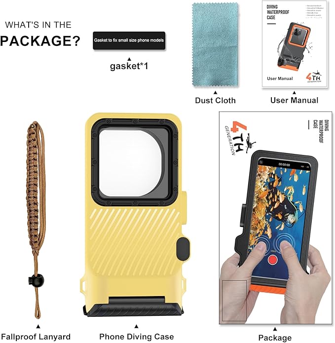 Waterproof Phone Case for Snorkeling & Diving (33ft/10m), IP68 Waterproof Hard Case for Swimming, Universal Underwater Touch Screen Case Compatible with iPhone (Yellow, 4th Generation Phone Case)