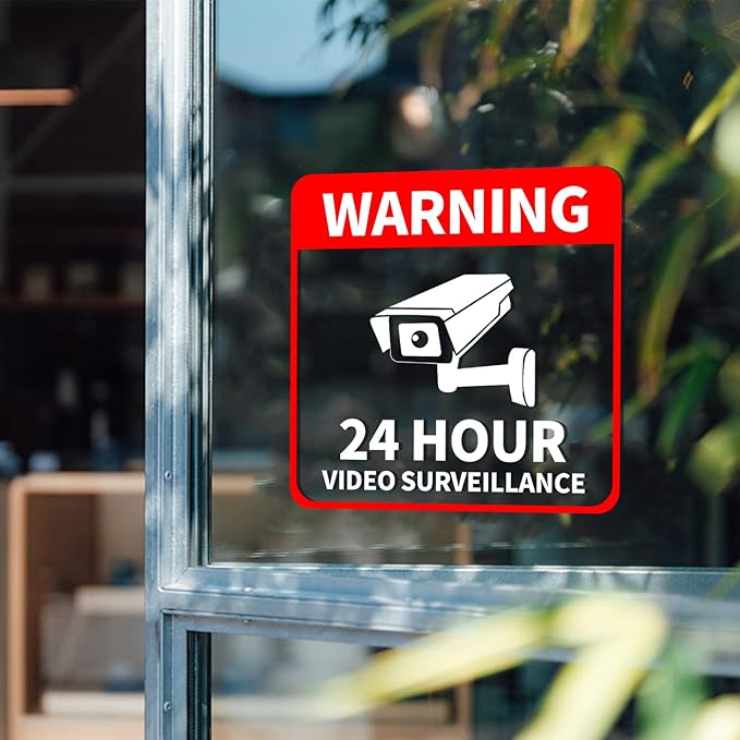 Video Surveillance Sticker Vinyl 6 x 6 Inch 24 Hour CCTV Camera Warning Security Decal for Window Door Business 5 Pack