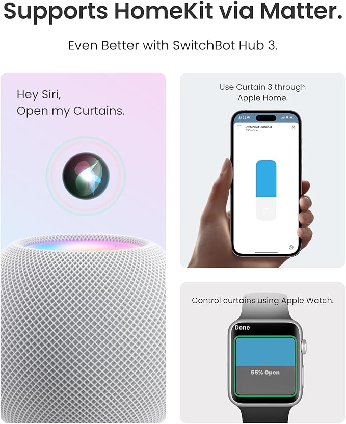2025 Automatic Curtain Opener 3 Rod-Bluetooth Remote Control, WiFi&Smartphone Control, Upgraded High-Performance, Add Hub to Work with Alexa, Google Home, HomeKit (2025 Curtain Opener)
