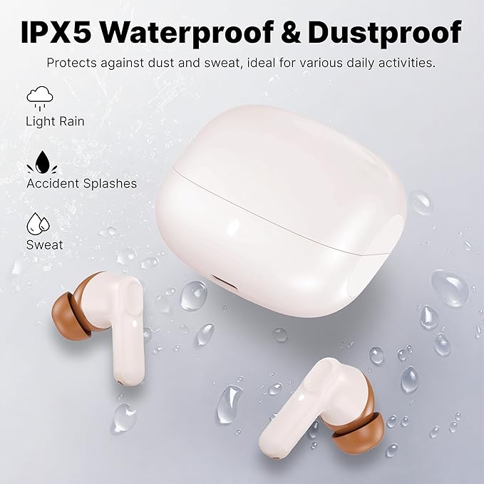 Wireless Earbuds Bluetooth 5.3 Headphones, Lightweight in-Ear Design with Deep Bass, 48HPlaytime, Touch Control, IPX5 Waterproof Earphones for Sports Workout (Beige)