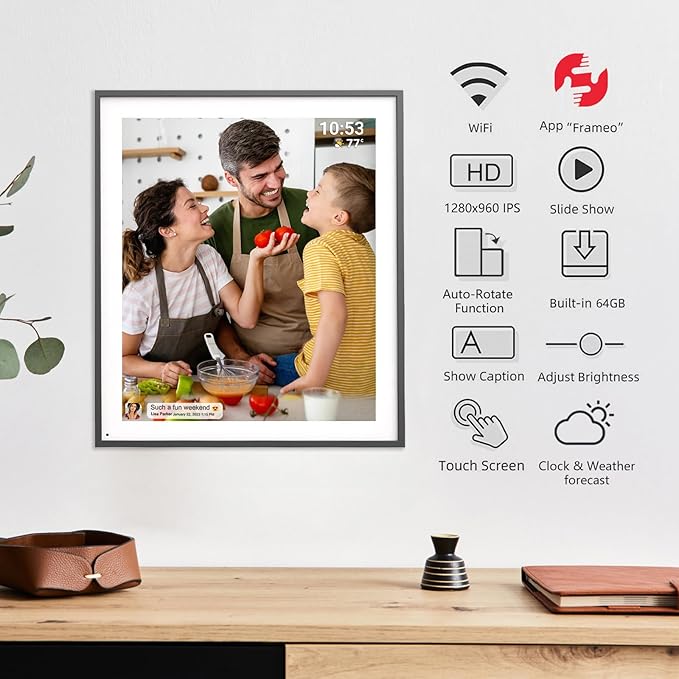 64GB 19inch FRAMEO Smart WiFi Digital Photo Frame 1280x960(4:3) IPS LCD Touch Screen, Auto-Rotate Portrait and Landscape, Dual-WiFi Share Moments Instantly via Frameo App from Anywhere