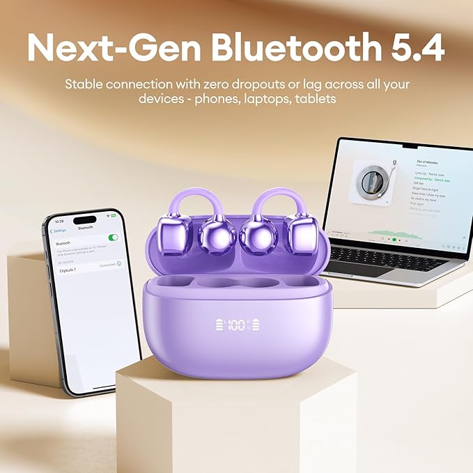 PAXA Clip On Earbuds, Clipbuds7 Open Ear Earbuds Wireless Bluetooth 5.4 with LED Display, Auto L-R Ear Recognition and Touch Control, Ultra-Light 4.5g Fit Comfort for Sports Fitness Daily Use, Purple