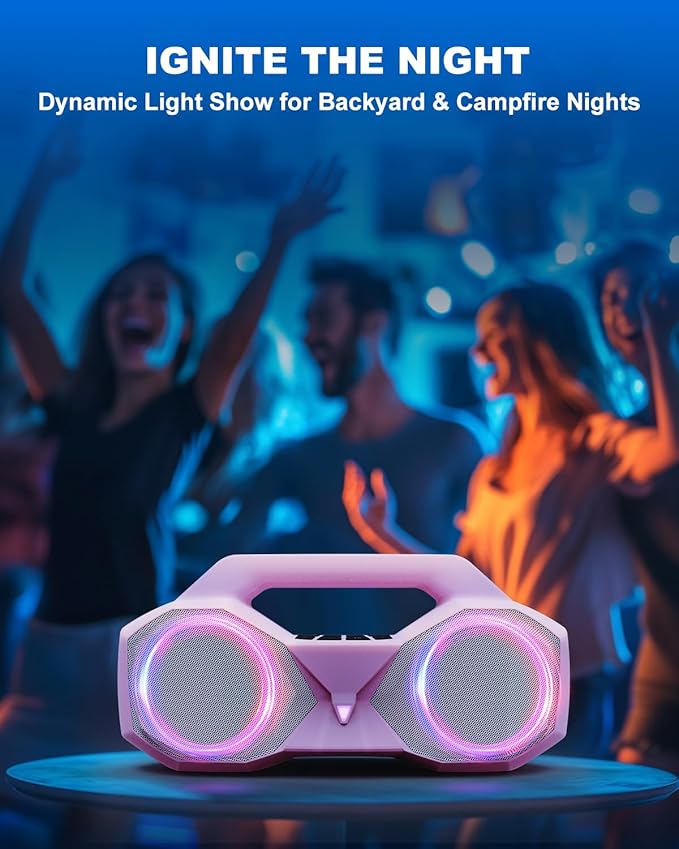 Bluetooth Speaker 80W(Peak)Loud with Bass, 20H Playtime, IPX7 Waterproof, RGB Lights, TWS, Large Portable Wireless Speakers for Outdoor, Home, Party, Pool, Beach, Tailgating, Gym, Work, Gifts (Pink)