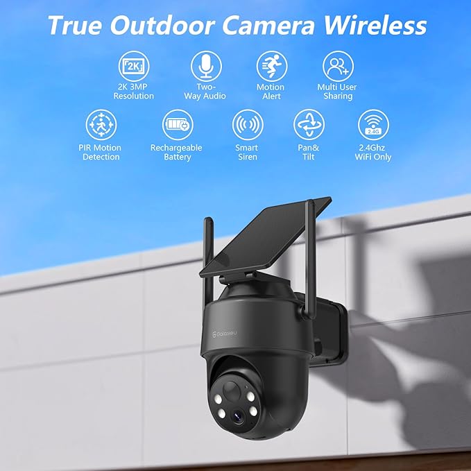 GALAYOU Solar Camera Outdoor Wireless- 2.4GHz WiFi Home Security Cameras with Solar/Battery Powered, Color Night Vision, PIR Sensor, IP65 Waterproof & Easy to Install, Work with Alexa, R1 1P Black